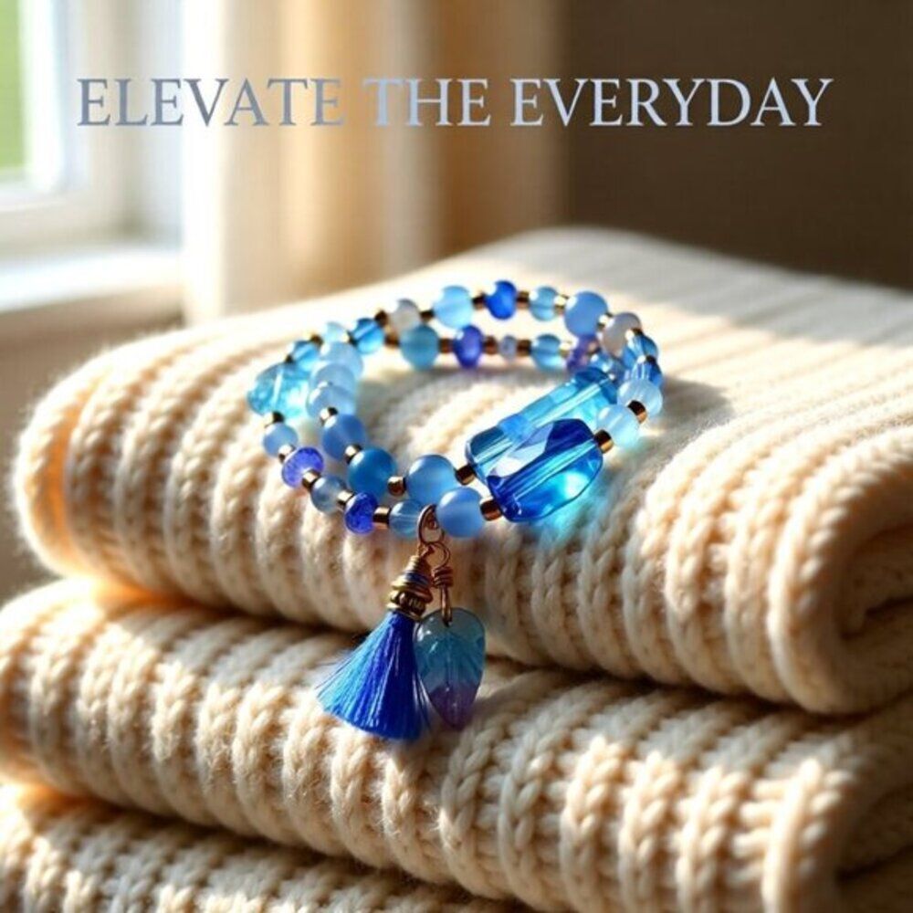 2 Loops Wrap Bracelet • Blue + Gold • Beachy Summer Vacation Boho! 2x Wrap 6.5"